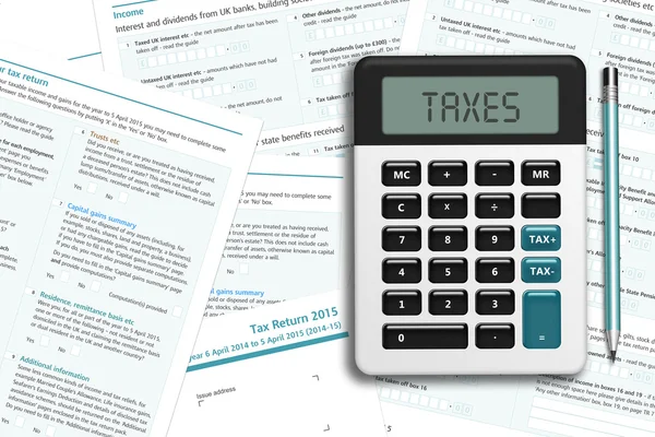 UK tax form with calculator lying on wooden desk — Stock Photo, Image