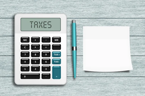 Calculator with taxes text, pen, and empty note lying on wooden — Stock Photo, Image