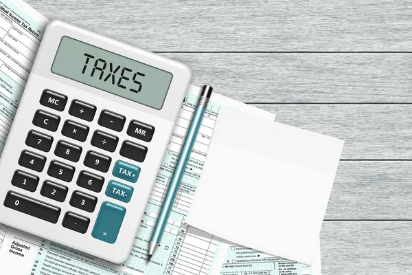 Steuerformular 1040 mit Taschenrechner und Zettel auf Holztisch liegend — Stockfoto