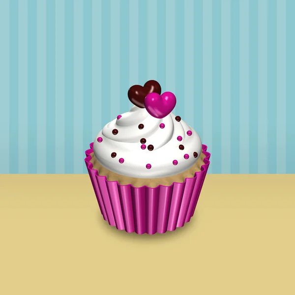 Valentines card with 3d cupcake over vintage background — Stock Photo, Image