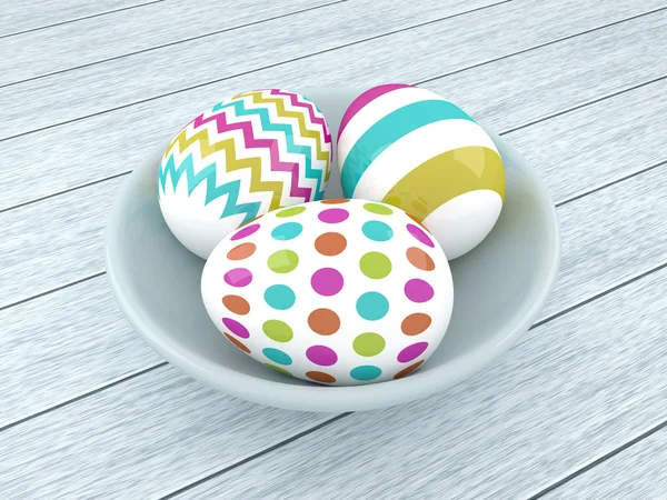 3D άνοιξη Πασχαλινά αυγά σε κεραμικό μπολ — Φωτογραφία Αρχείου