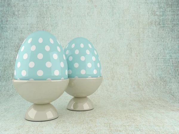 Dos huevos de Pascua 3d en rack sobre fondo rústico — Foto de Stock