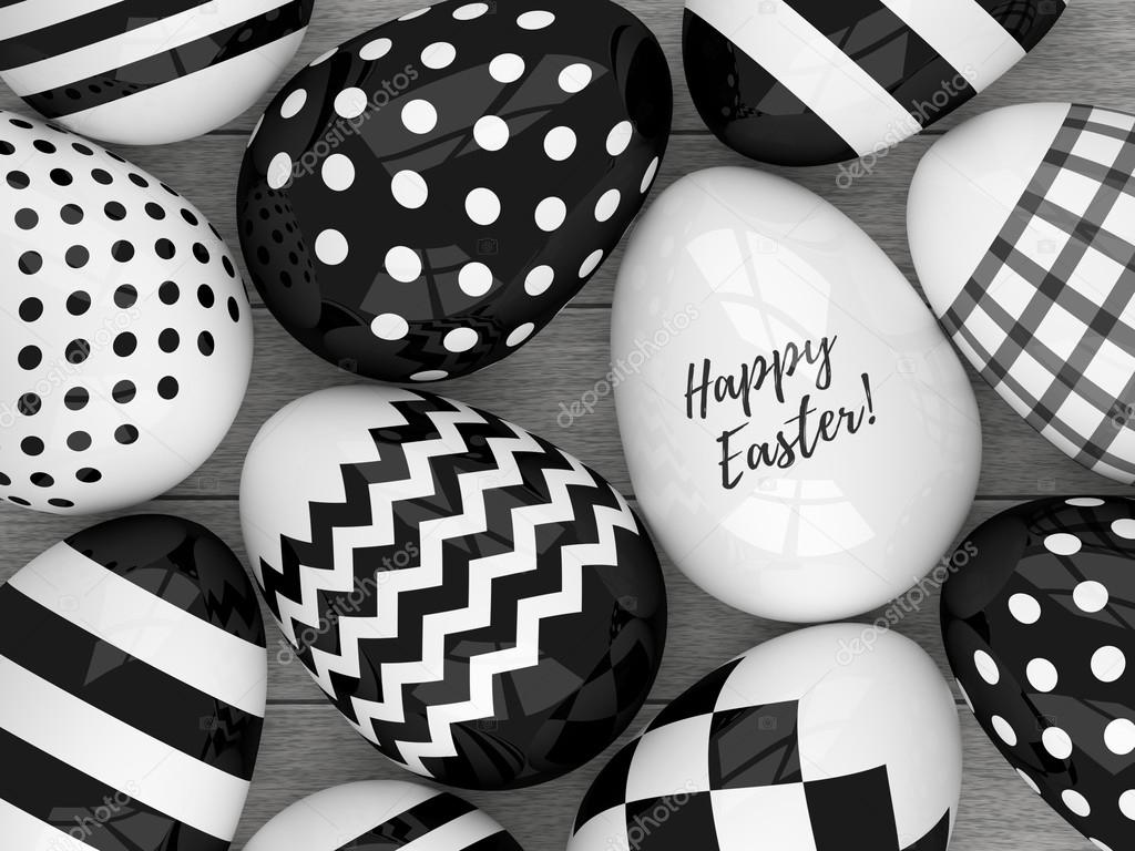 3d elegant Easter eggs with black and white patterns 