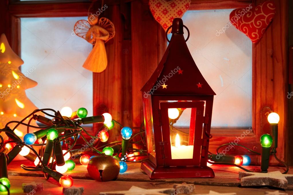 Frosted window with Christmas decoration — Stock Photo © mackowo 58506039