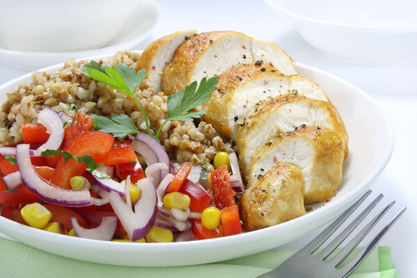 Chicken breast, buckwheat and salad