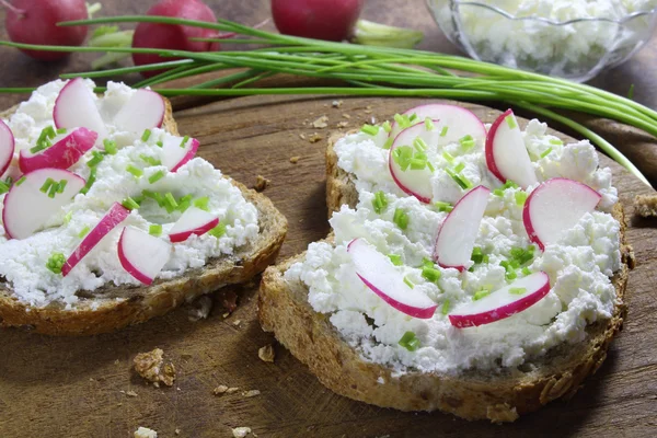 Bread with cottage cheese , radish and chives — Stock Photo, Image