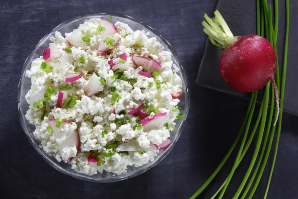 Queijo cottage com rabanete e cebolinha — Fotografia de Stock