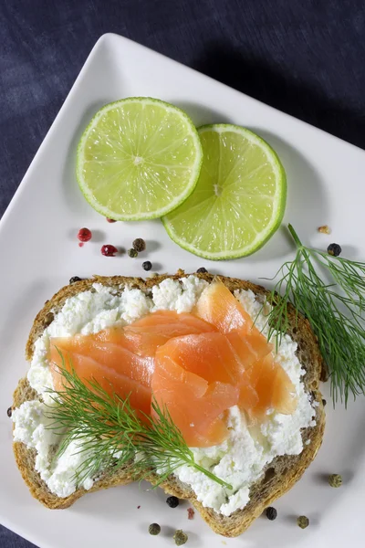 Bread with cottage cheese and smoked salmon Stock Picture