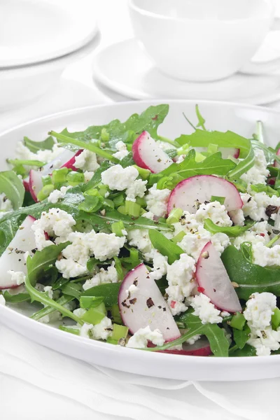 Salada com rúcula, queijo cottage, rabanete e cebola vermelha — Fotografia de Stock