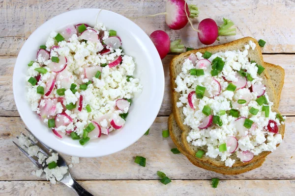 Bread with cottage cheese , radish and chives — Stock Photo, Image