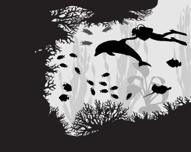 Diver in coral reef clipart