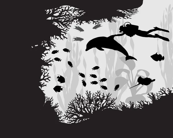 Diver in coral reef — Stock Vector