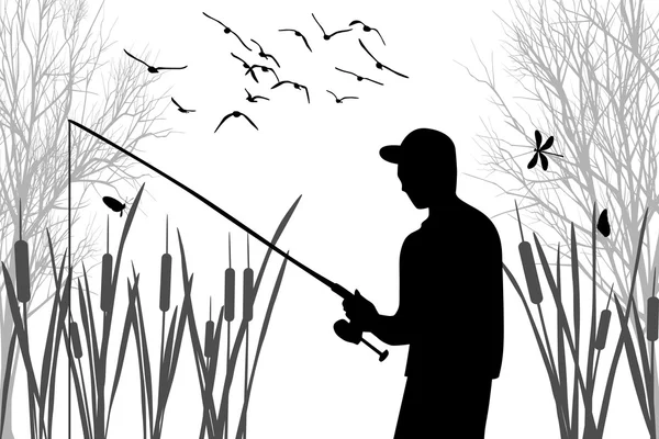 Silhouette of angler among the cane on fishing — Stock Vector