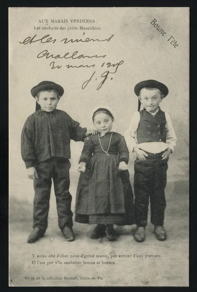 Three children postcard printed by France — Stock Photo, Image