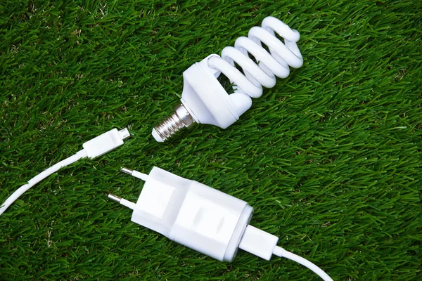 Energy saving bulb and electric plug in the grass — Stock Photo, Image