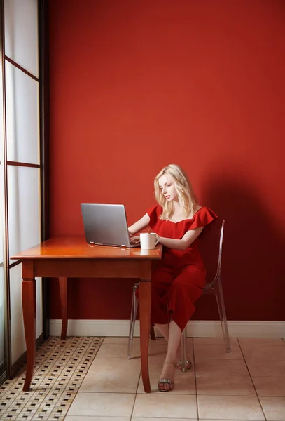 Ung Vuxen Kvinna Sitter Vid Bordet Och Arbetar Laptop — Stockfoto