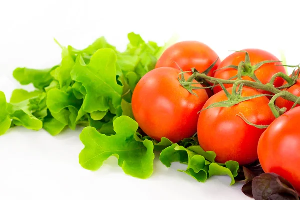 Diferentes verduras brillantes sobre un fondo blanco. Tomate y lechuga . — Foto de Stock