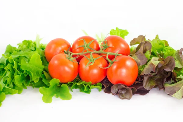 Diferentes verduras brillantes sobre un fondo blanco. Tomate y lechuga . — Foto de Stock