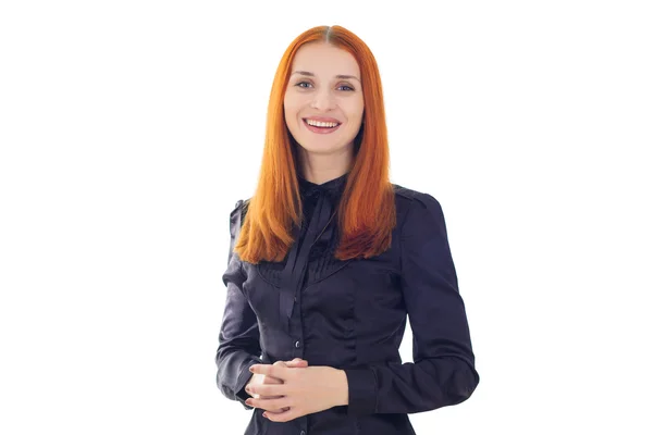 Beautiful elegant red-haired woman  talking about the important information — Stock Photo, Image