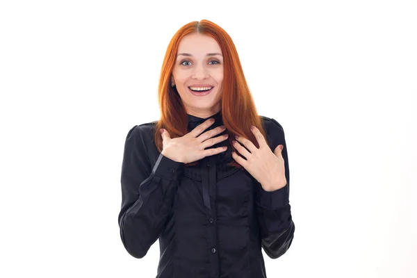 Attractive beautiful surprised woman with her hands folded on chest — Stock Photo, Image