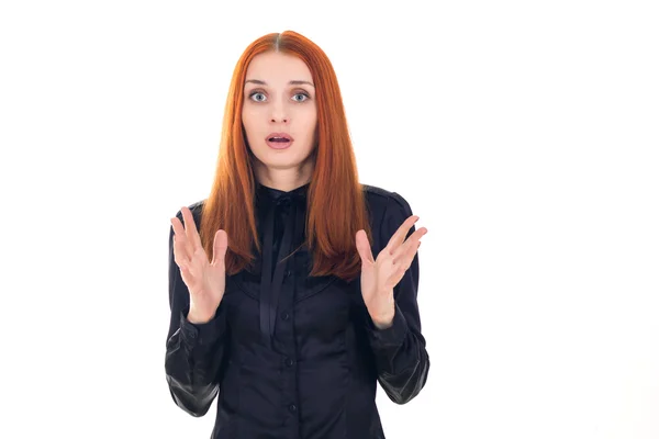 Portrait of a beautiful redhead woman unpleasantly surprised — Stock Photo, Image