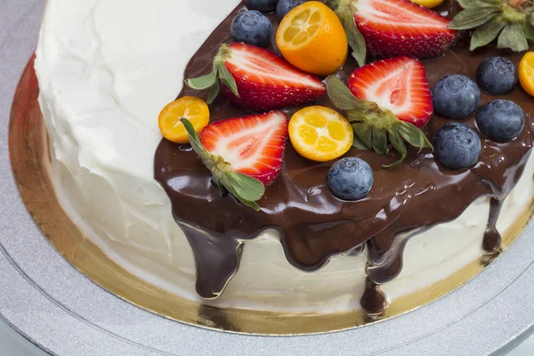 딸기, 블루베리, 금 귤 케이크 초콜릿 drizzled — 스톡 사진