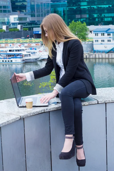 Business woman working on laptop on the background of skyscrapers — Stock Photo, Image