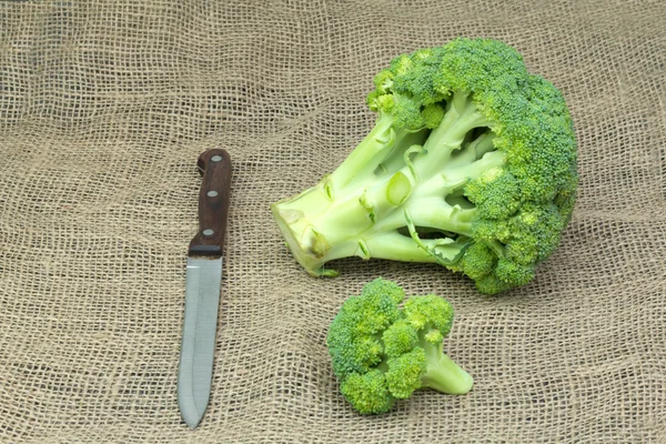 Verse groene groenten. Gehakte broccoli met mes op het tafellaken — Stockfoto