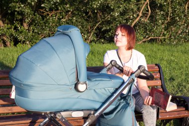 Annem onun Bebek arabasındaki bebek parktaki bir bankta bir kitap okuma