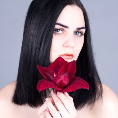 Bir esmer kırmızı çiçekli portresi. Güzellik tedavi kavramı.