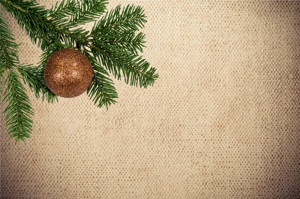 Grüner Zweig mit Weihnachtskugel auf Leinwand-Hintergrund — Stockfoto