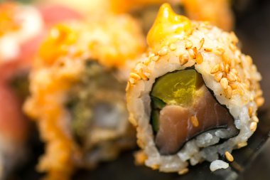 çeşitli tür rulo suşi plaka üzerinde