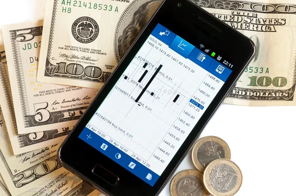 Forex trading by mobile phone and money — Stock Photo, Image