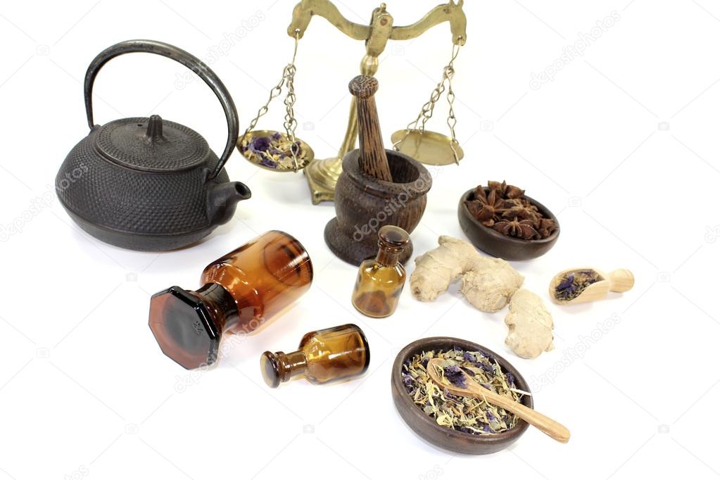 Chinese medicine with mortar and scale