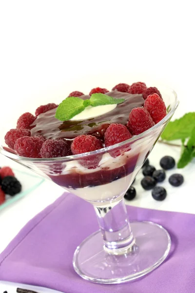 Layered dessert with blueberries and raspberries — Stock Photo, Image
