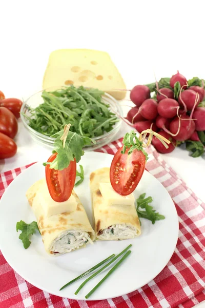 Stuffed cheese crepe rolls with chives — Stock Photo, Image