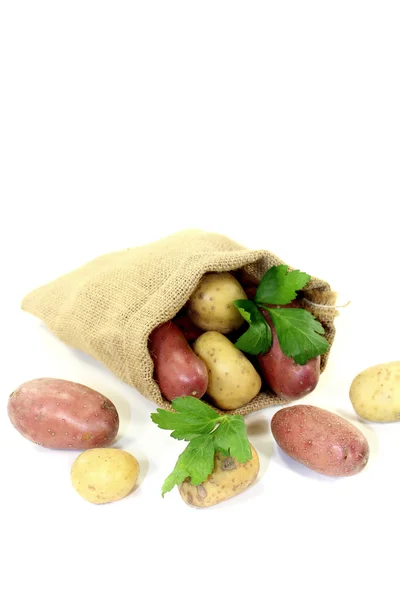 Colorful potatoes in a sack — Stock Photo, Image