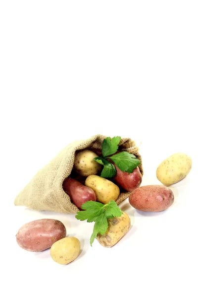 Potatoes in jute sack — Stock Photo, Image