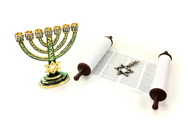 Torah scroll with menorah and Star of David — Stock Photo, Image