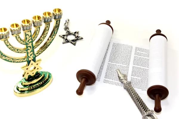 Torah scroll with menorah, Star of David and pointer — Stock Photo, Image