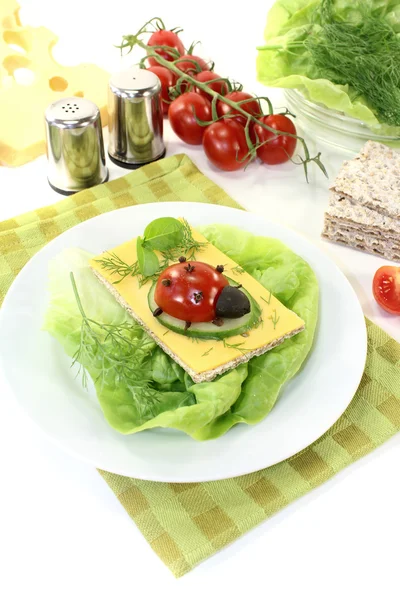 Crispbread with cheese, cucumber and ladybug — Stock Photo, Image