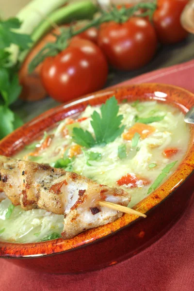 Zuppa di pollo con spiedini di pollo e pasta cotta — Foto Stock