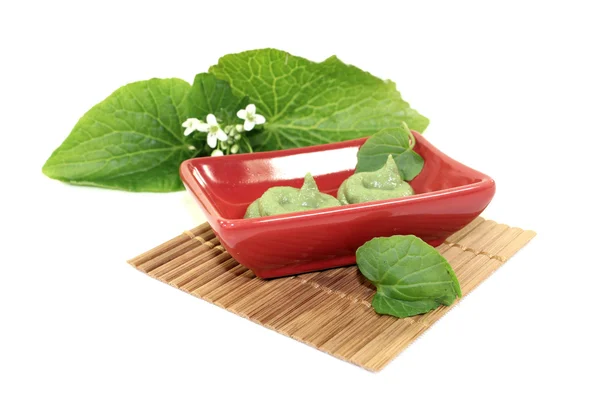 Wasabi med löv och blomma i en röd skål — Stockfoto