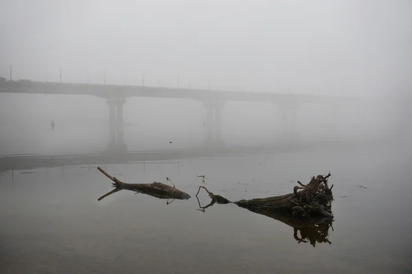 Bron genom floden i Dimmig morgon — Stockfoto