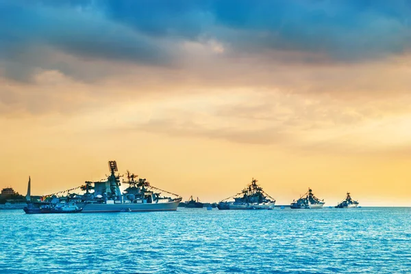 Military navy ships in sea bay — Stock Photo, Image