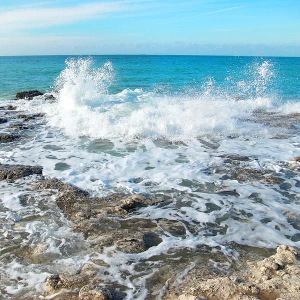 Große Welle kracht auf Felsen — Stockfoto