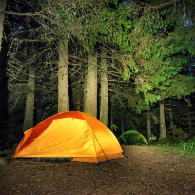 Gece ağaçların altında ormanda kamp