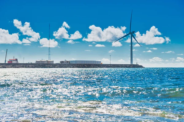 Sea Landscape Rocky Shore Surf Large Windmill Edge Stone Breakwater — Stock Photo, Image