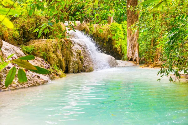 Tropical Landscape Beautiful Waterfall Lake Wild Rainforest Green Foliage Flowing — Stock Photo, Image