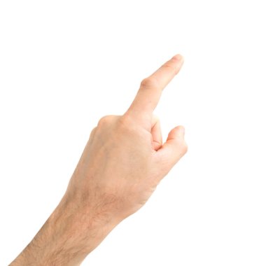 Kadın eli, beyaz arka planda izole edilmiş bir şeye dokunuyor ya da işaret ediyor.